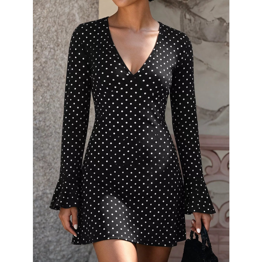 Polka Dot Long Sleeve Ruffle Hem Mini Dress Apparel and Accessories