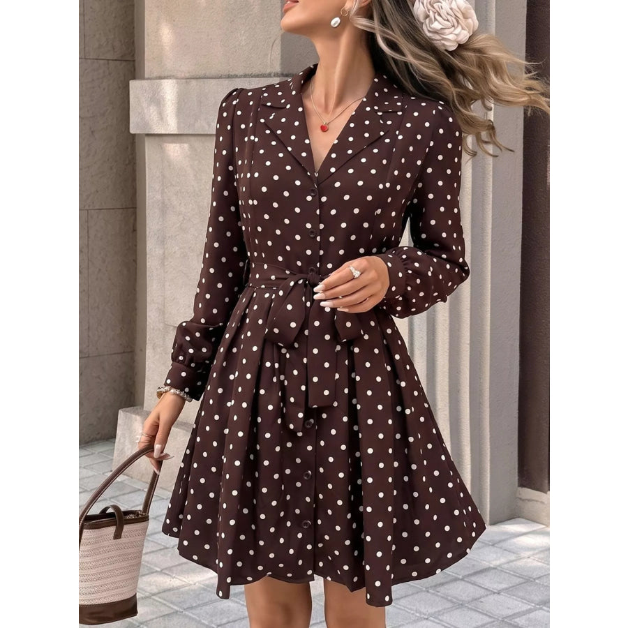 Polka Dot Long Sleeve Shirt Dress Brown / S Apparel and Accessories