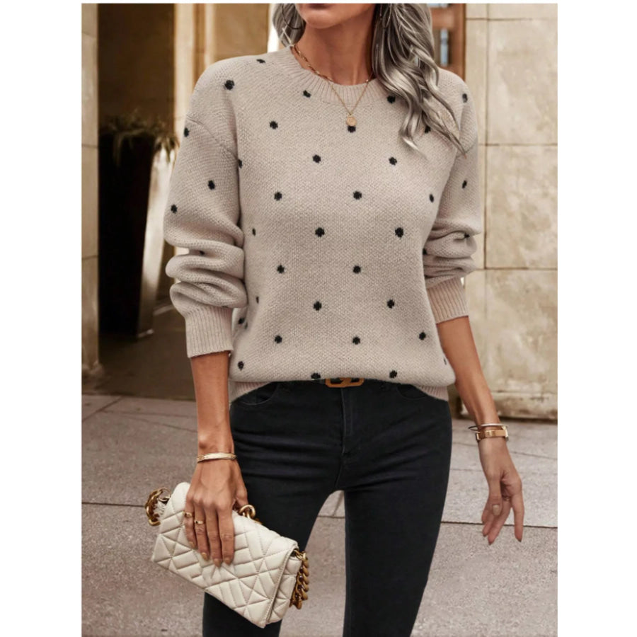 Polka Dot Long Sleeve Sweater Khaki / S Apparel and Accessories
