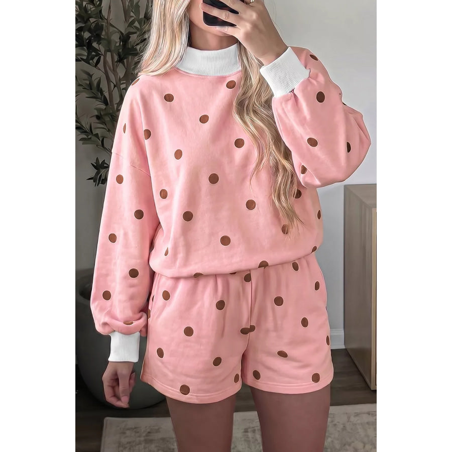 Polka Dot Long Sleeve Sweatshirt and Shorts Lounge Set Pale Blush / S Apparel Accessories