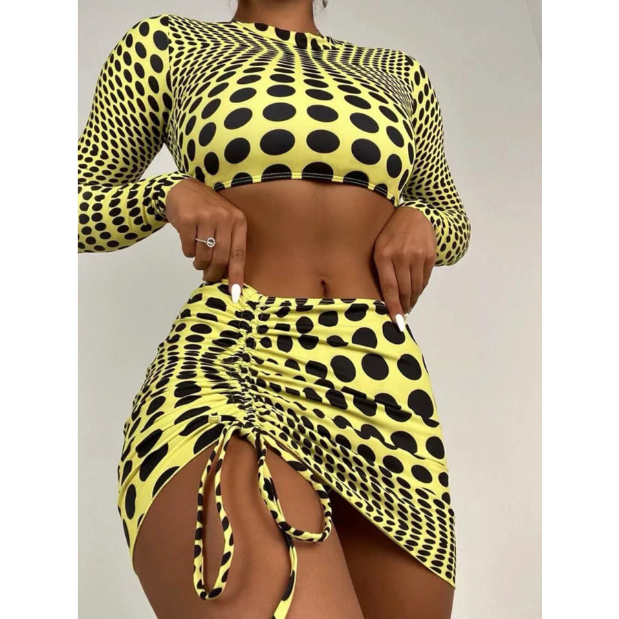 Polka Dot Long Sleeve Three - Piece Swim Set Butter Yellow / S Apparel and Accessories