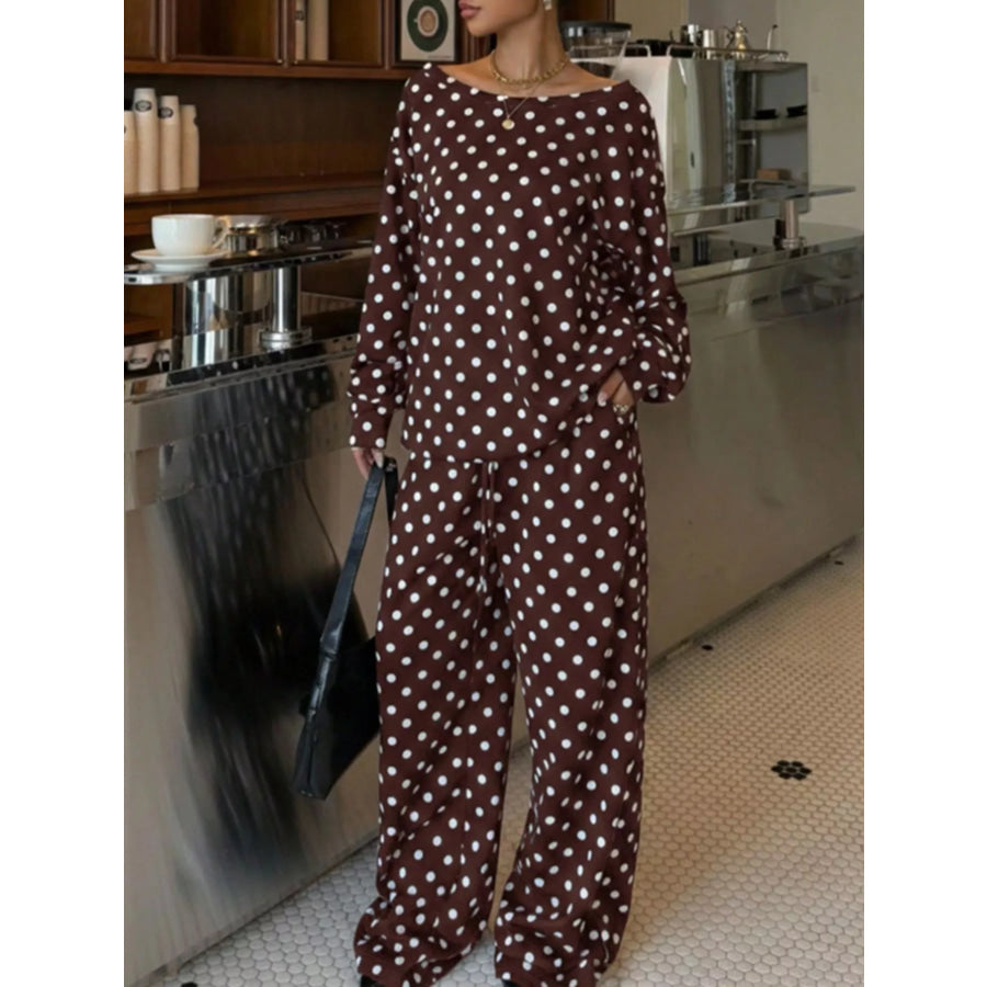 Polka Dot Long Sleeve Top and Pants Set Brown / S Apparel Accessories