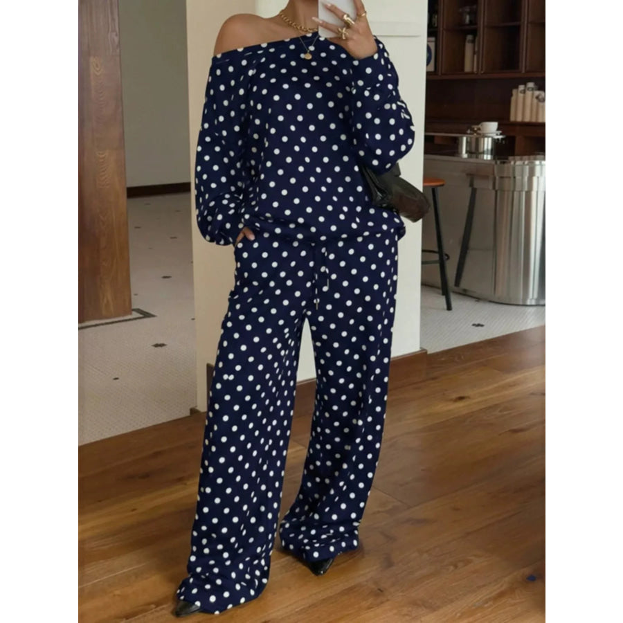Polka Dot Long Sleeve Top and Pants Set Navy Blue / S Apparel Accessories