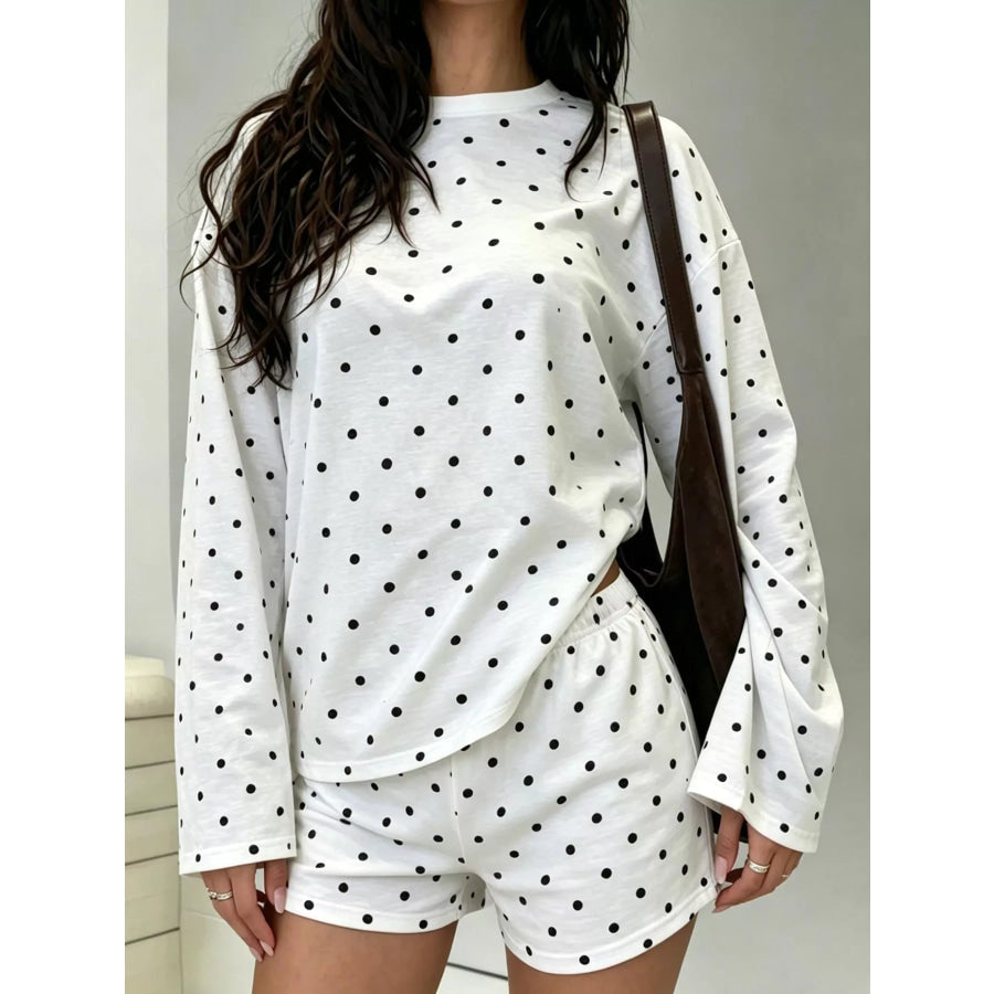 Polka Dot Long Sleeve Top and Shorts Set White / S Apparel and Accessories