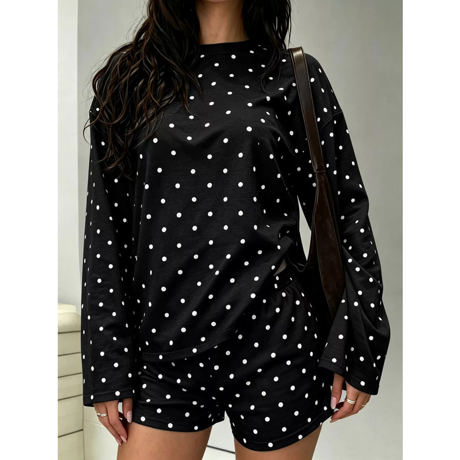 Polka Dot Long Sleeve Top and Shorts Set Black / S Apparel and Accessories