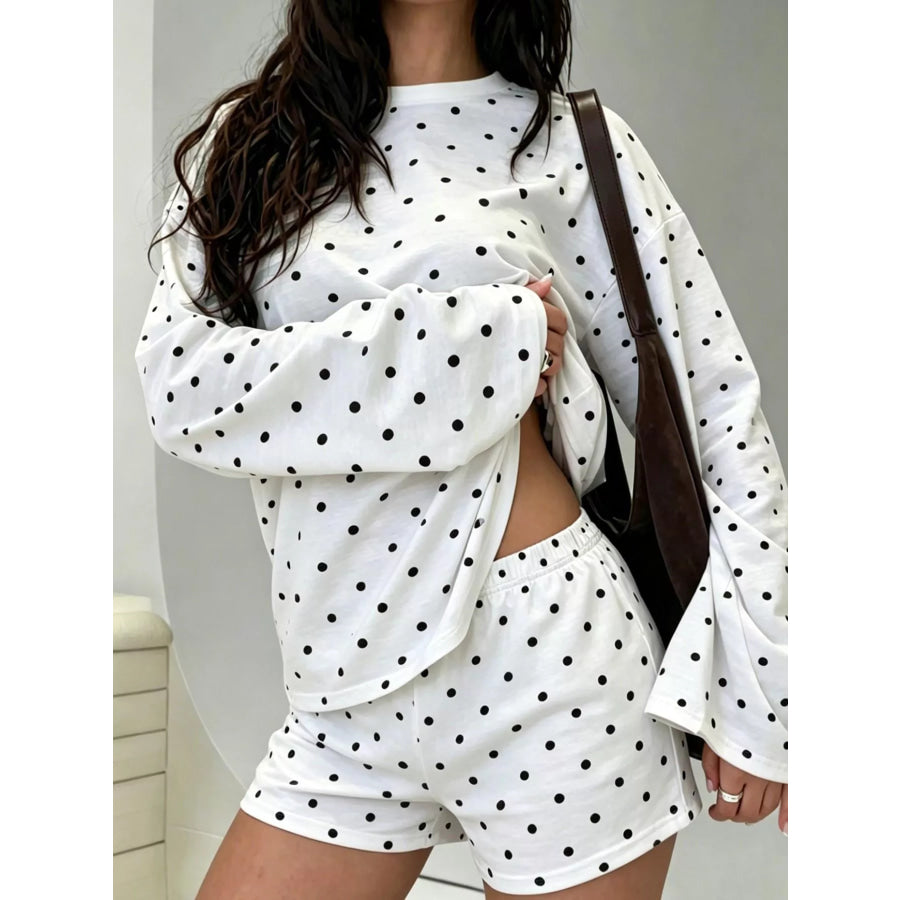Polka Dot Long Sleeve Top and Shorts Set White / S Apparel and Accessories