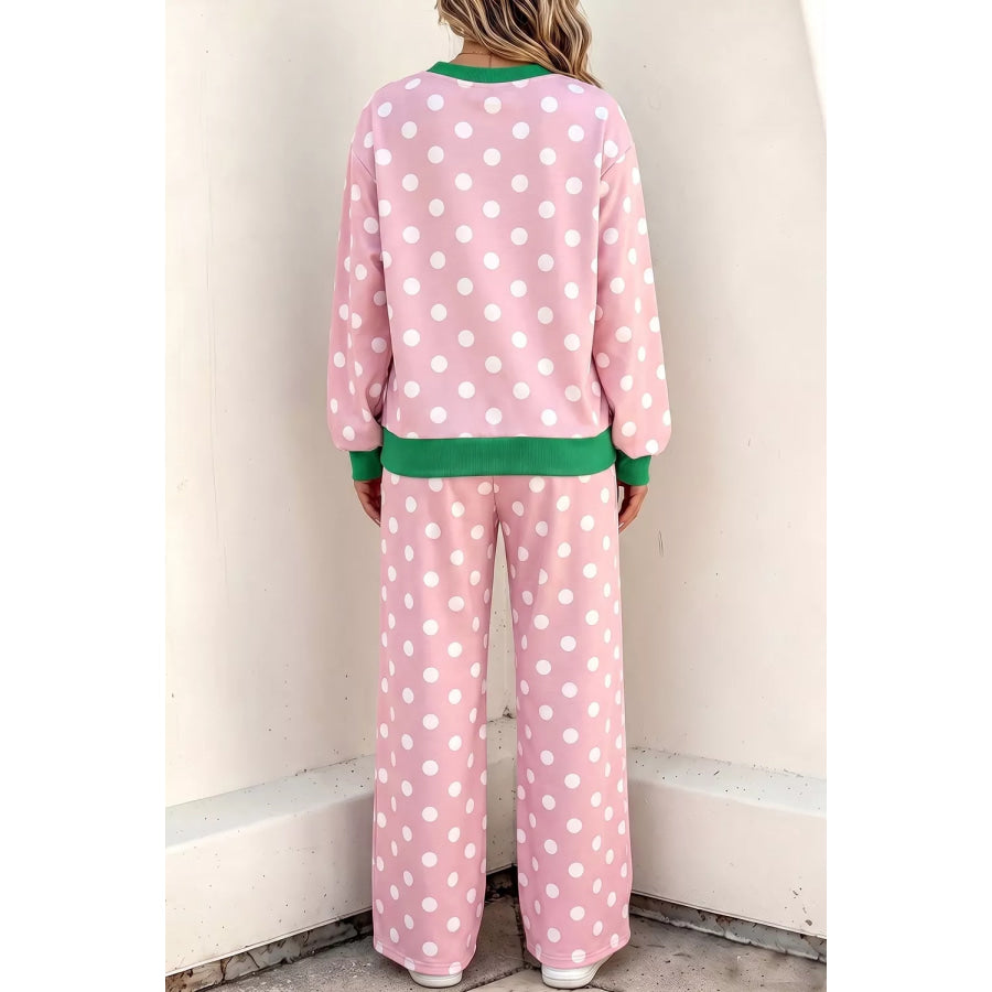 Polka Dot Long Sleeve Top and Wide Leg Pants Set Blush Pink / S Apparel Accessories