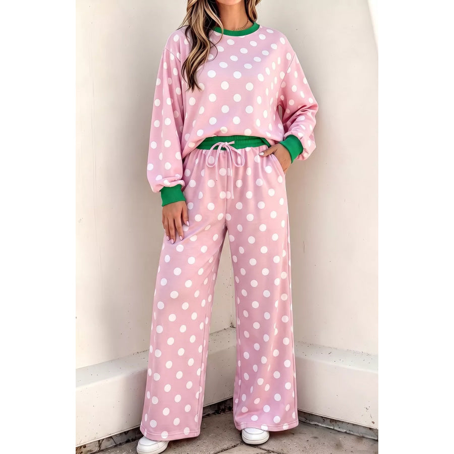 Polka Dot Long Sleeve Top and Wide Leg Pants Set Blush Pink / S Apparel Accessories