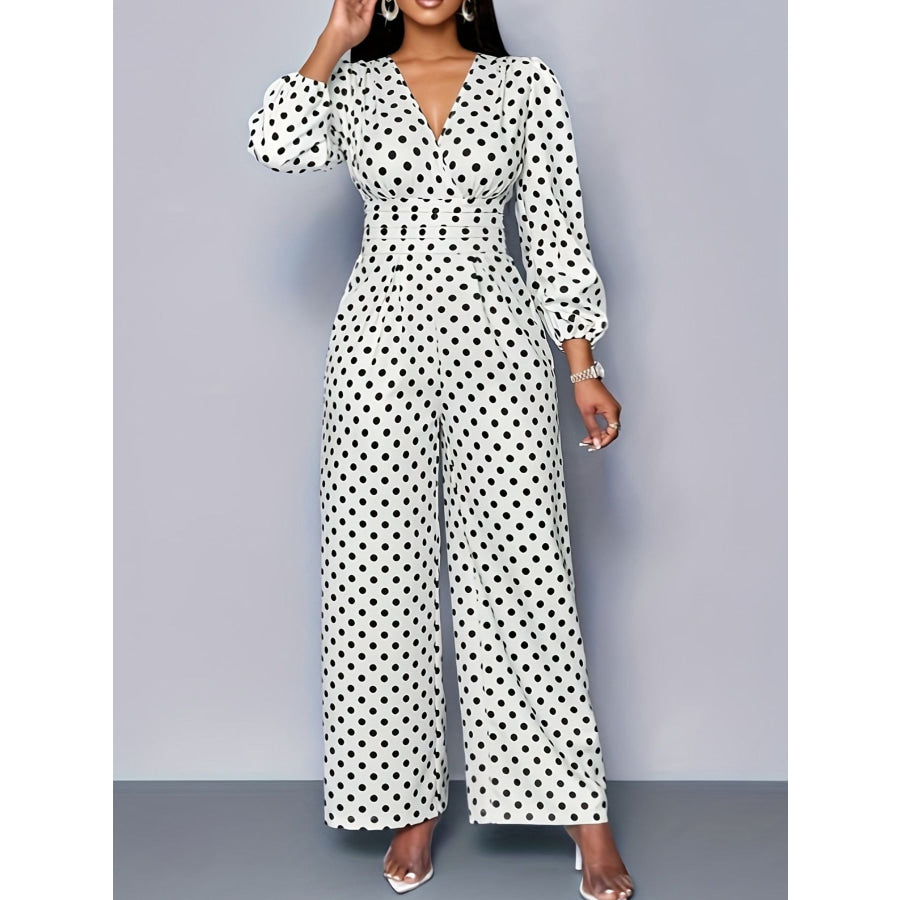 Polka Dot Long Sleeve Wide Leg Jumpsuit Apparel and Accessories