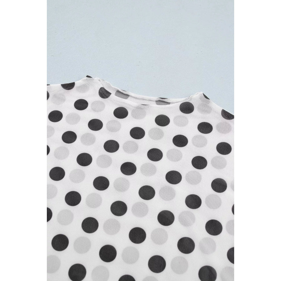 Polka Dot Mesh Long Sleeve Stand Neck Sheath Top Apparel and Accessories