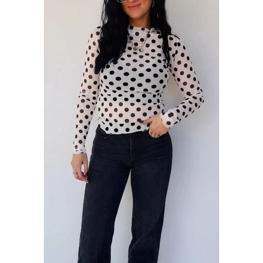 Polka Dot Mesh Long Sleeve Stand Neck Sheath Top Apparel and Accessories