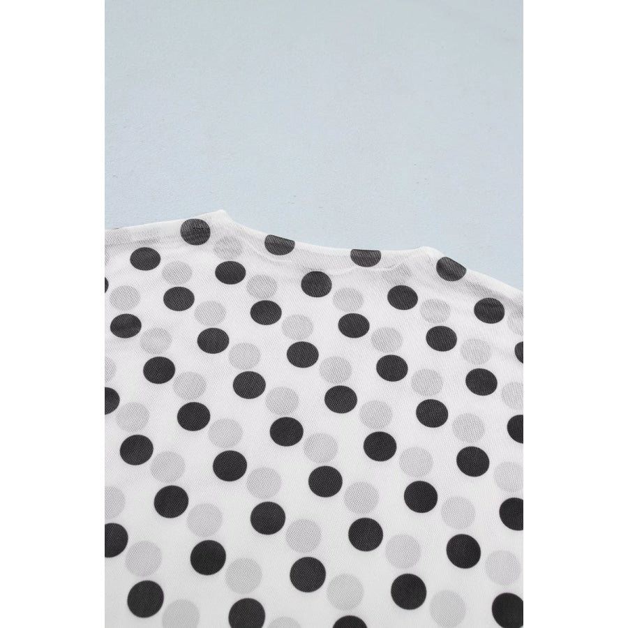 Polka Dot Mesh Long Sleeve Stand Neck Sheath Top Apparel and Accessories