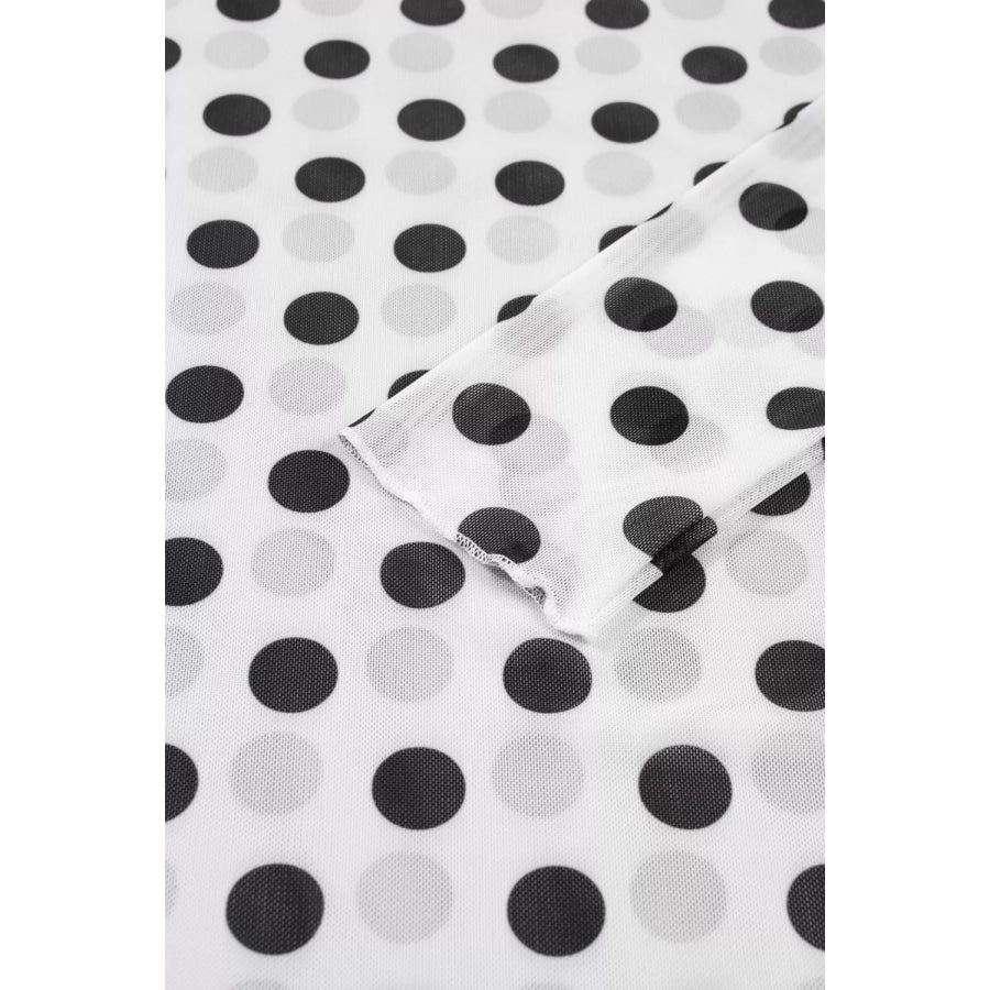 Polka Dot Mesh Long Sleeve Stand Neck Sheath Top Apparel and Accessories