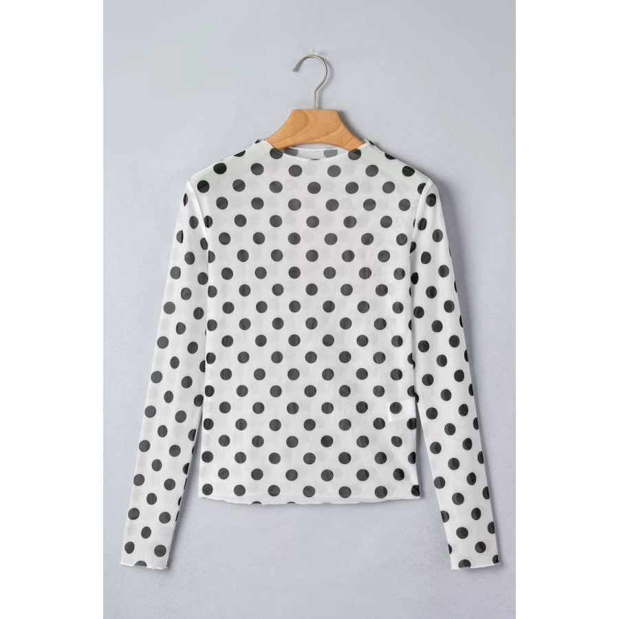 Polka Dot Mesh Long Sleeve Stand Neck Sheath Top Apparel and Accessories