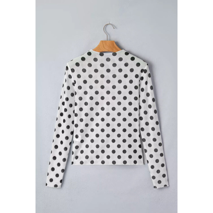 Polka Dot Mesh Long Sleeve Stand Neck Sheath Top Apparel and Accessories