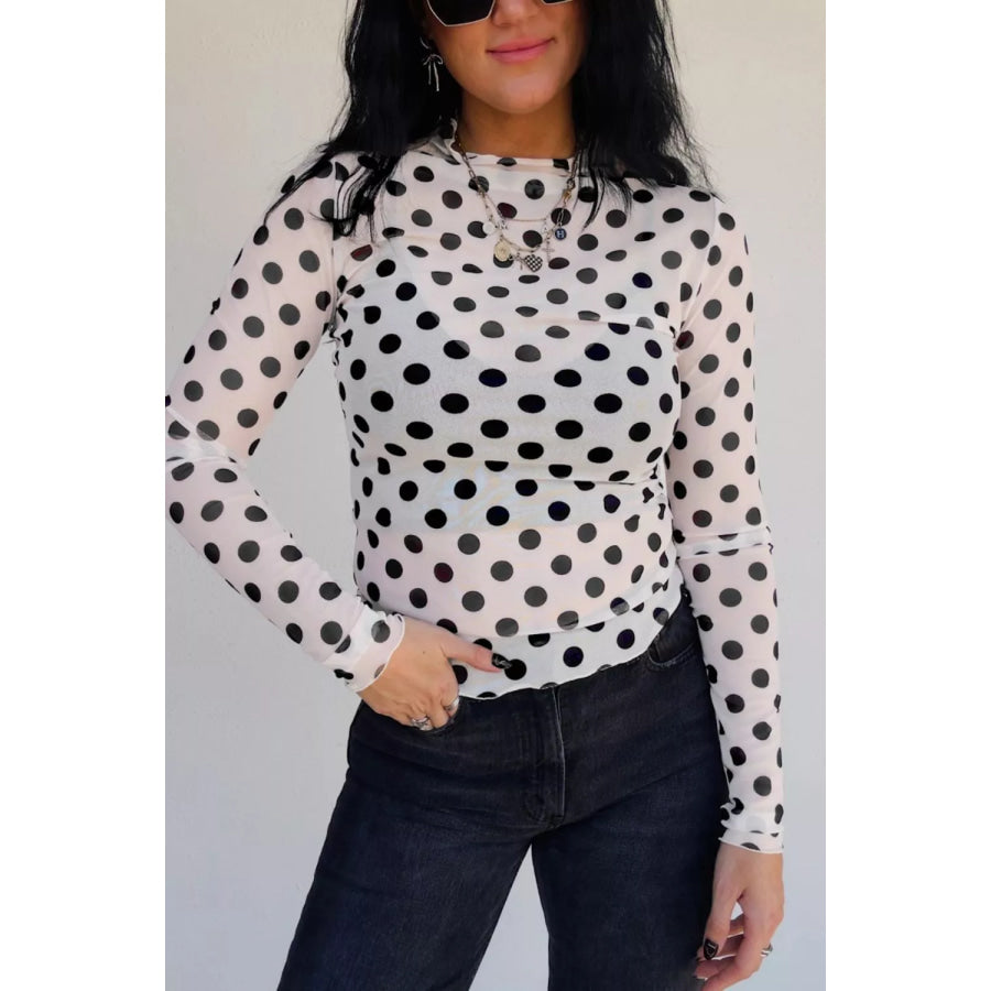 Polka Dot Mesh Long Sleeve Stand Neck Sheath Top White / S Apparel and Accessories