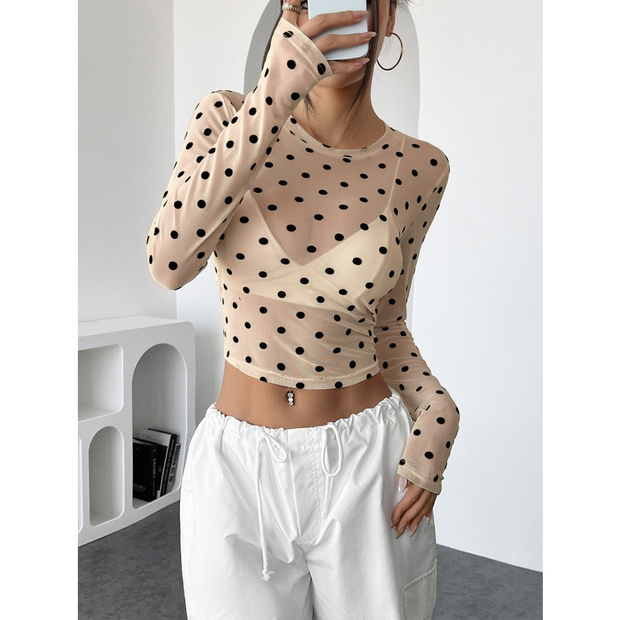 Polka Dot Mesh Long Sleeve Top Apparel and Accessories