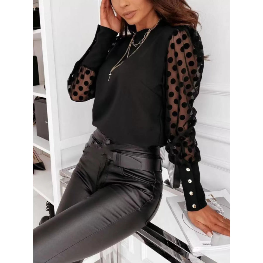 Polka Dot Mesh Sleeve Blouse Apparel and Accessories