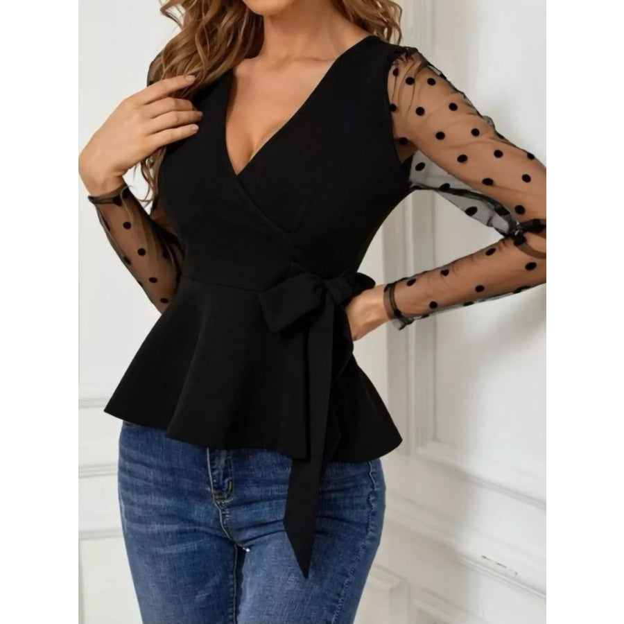Polka Dot Mesh Sleeve Peplum Blouse Apparel and Accessories