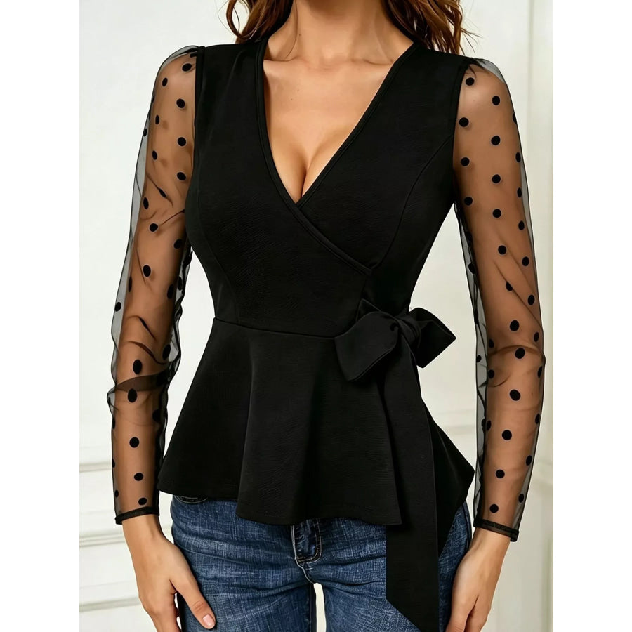 Polka Dot Mesh Sleeve Peplum Blouse Apparel and Accessories