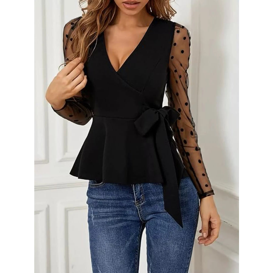 Polka Dot Mesh Sleeve Peplum Blouse Black / S Apparel and Accessories