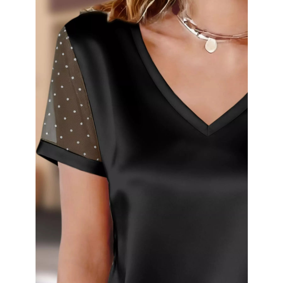 Polka Dot Mesh Sleeve Satin Short Sleeve Top Apparel and Accessories