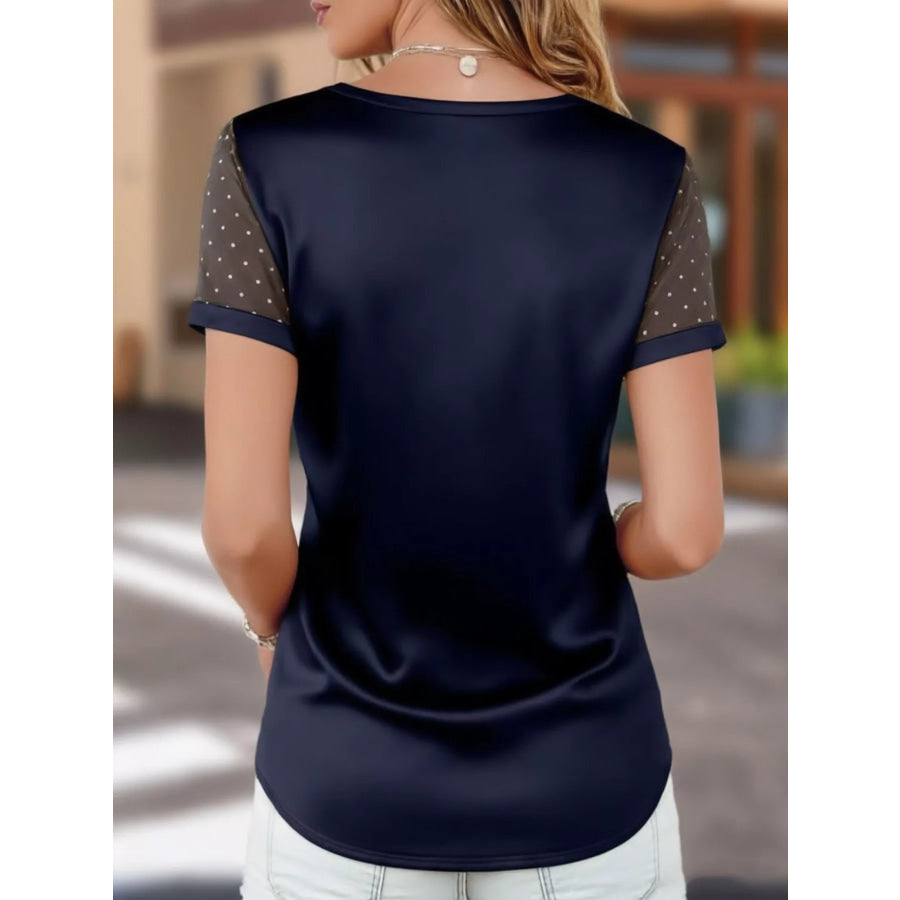 Polka Dot Mesh Sleeve Satin Short Sleeve Top Apparel and Accessories