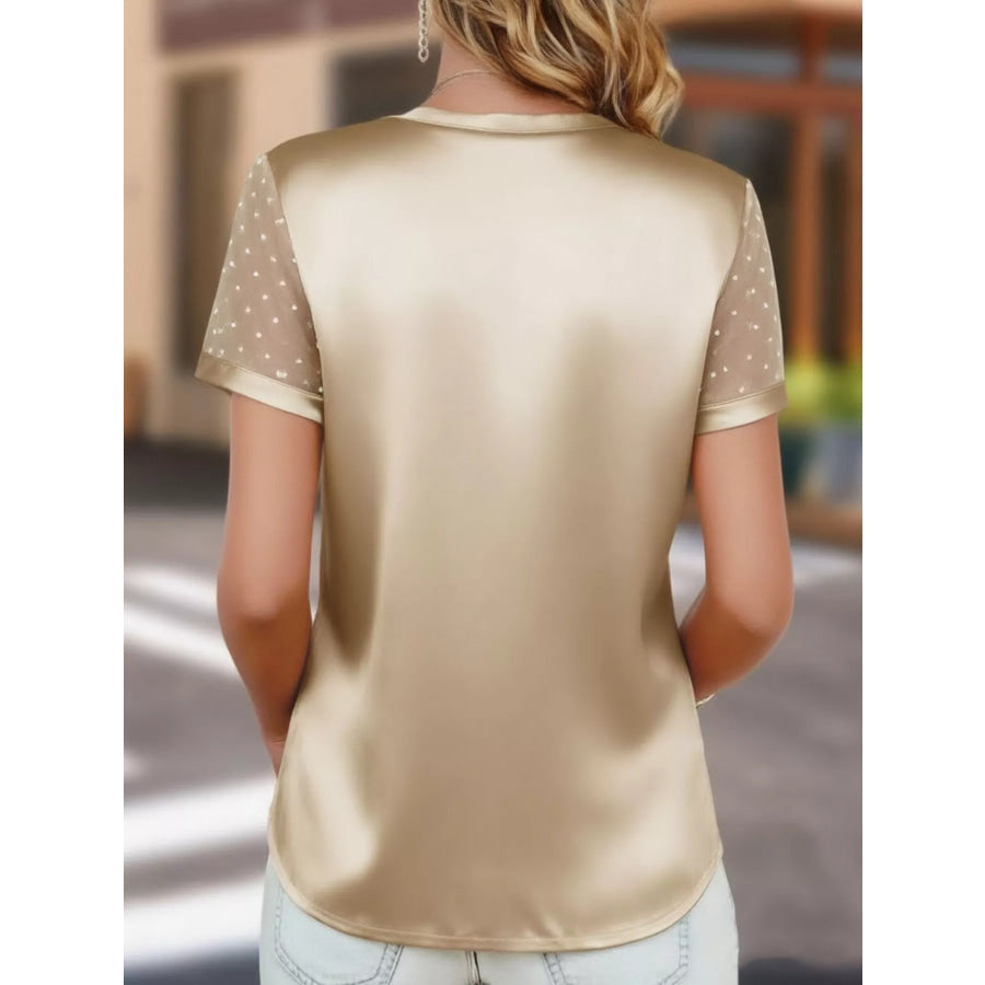 Polka Dot Mesh Sleeve Satin Short Sleeve Top Apparel and Accessories