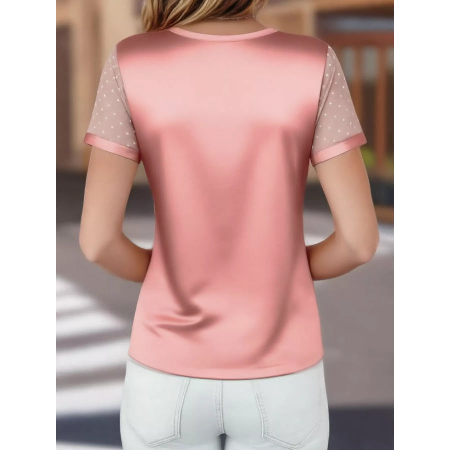 Polka Dot Mesh Sleeve Satin Short Sleeve Top Apparel and Accessories