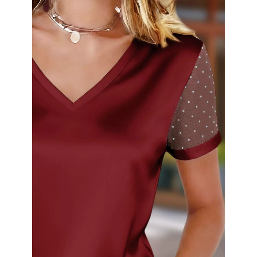 Polka Dot Mesh Sleeve Satin Short Sleeve Top Apparel and Accessories