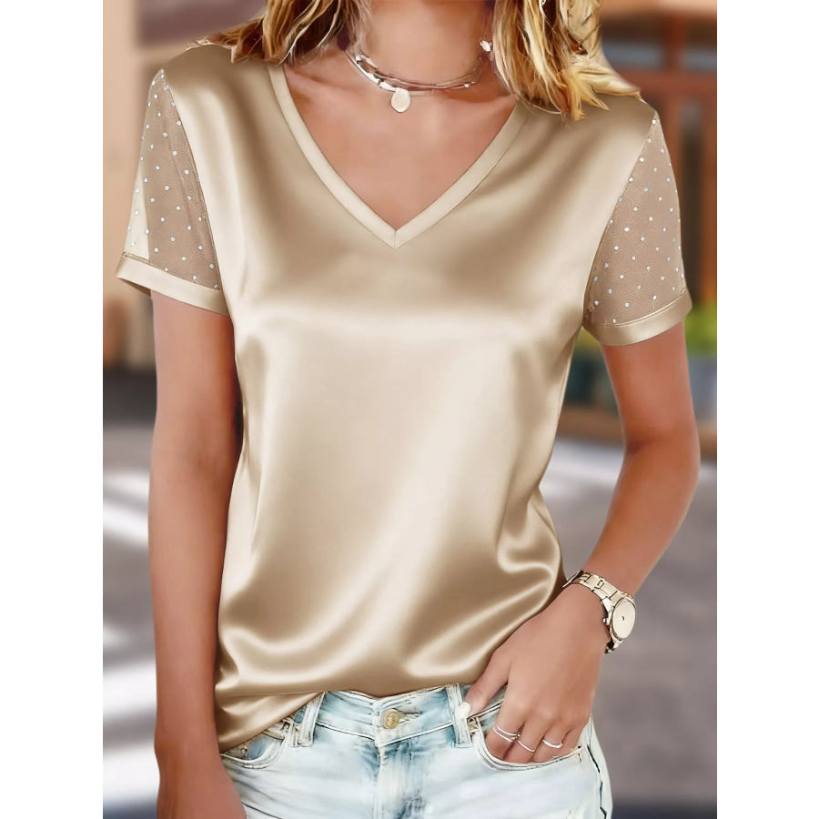 Polka Dot Mesh Sleeve Satin Short Sleeve Top Beige / S Apparel and Accessories