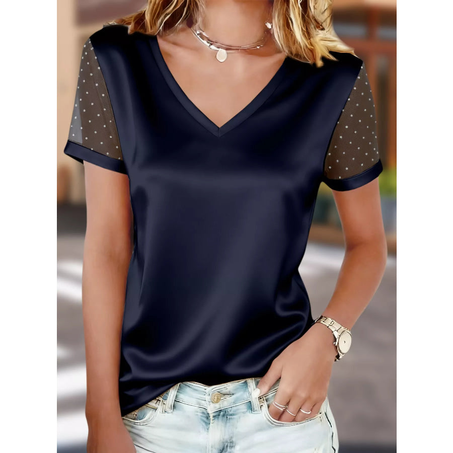 Polka Dot Mesh Sleeve Satin Short Sleeve Top Black / S Apparel and Accessories