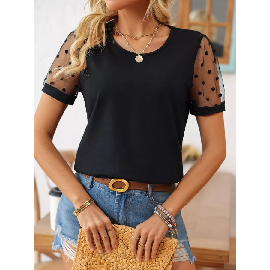 Polka Dot Mesh Sleeve T-Shirt Black / S Apparel and Accessories
