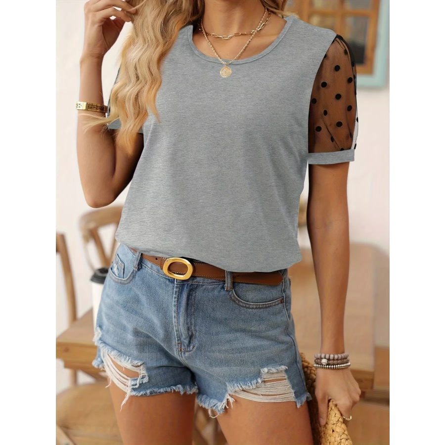 Polka Dot Mesh Sleeve T-Shirt Grey / S Apparel and Accessories