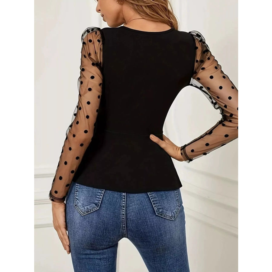 Polka Dot Mesh Sleeve Wrap Top Apparel and Accessories