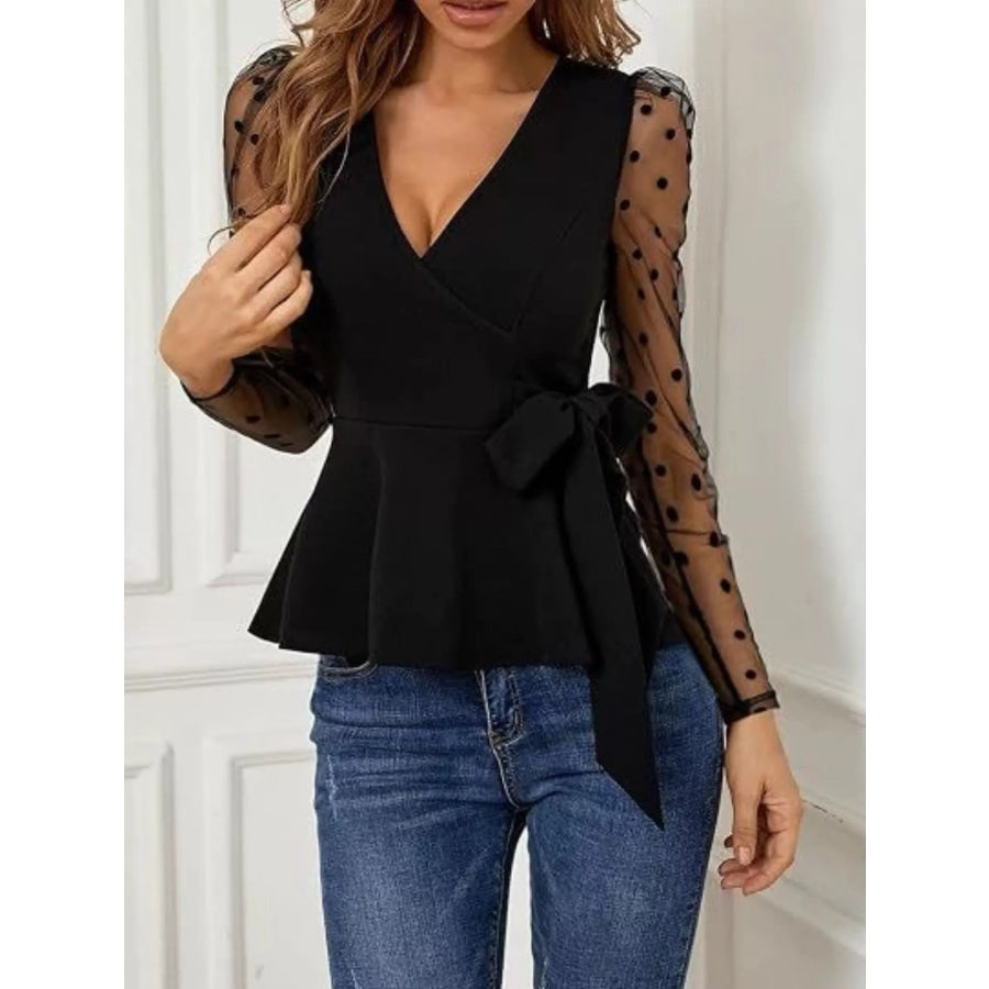 Polka Dot Mesh Sleeve Wrap Top Apparel and Accessories
