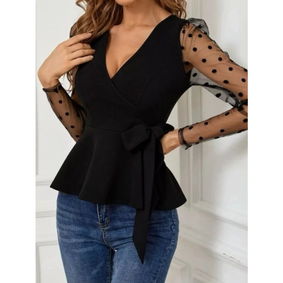 Polka Dot Mesh Sleeve Wrap Top Apparel and Accessories