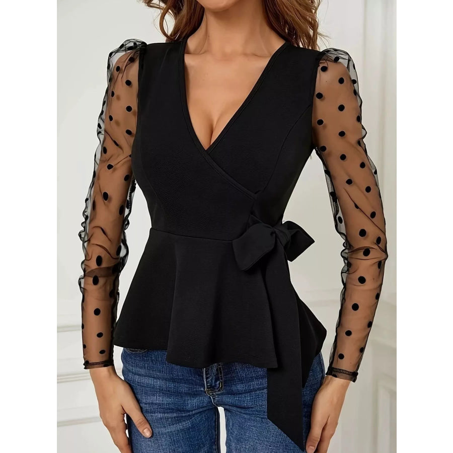 Polka Dot Mesh Sleeve Wrap Top Black / S Apparel and Accessories