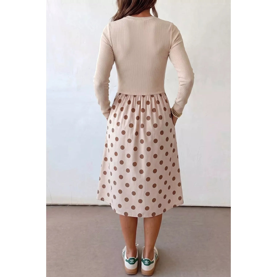 Polka Dot Midi Long Sleeve Dress Apparel and Accessories
