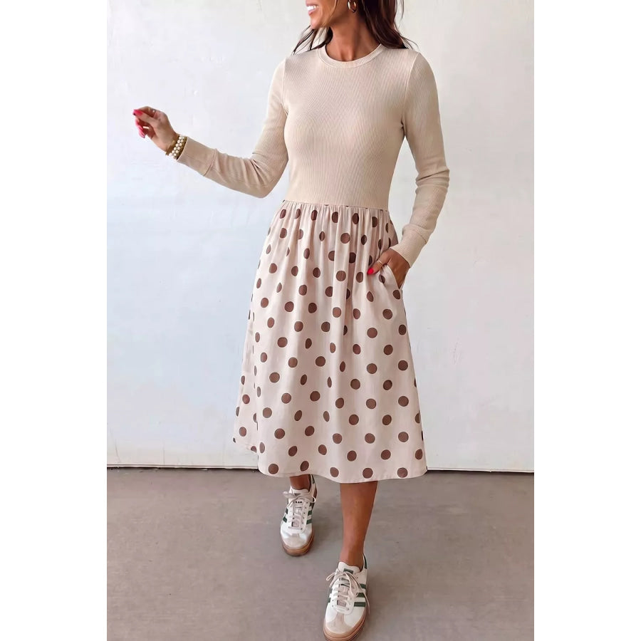 Polka Dot Midi Long Sleeve Dress Apparel and Accessories