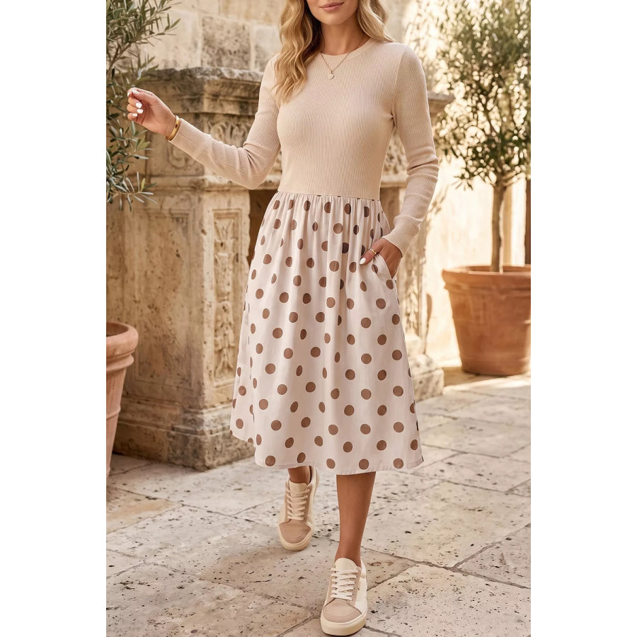 Polka Dot Midi Long Sleeve Dress Beige / S Apparel and Accessories