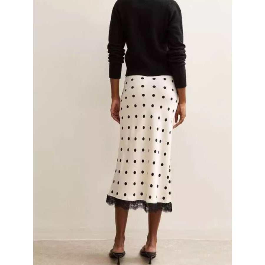 Polka Dot Midi Skirt with Lace Trim Apparel and Accessories