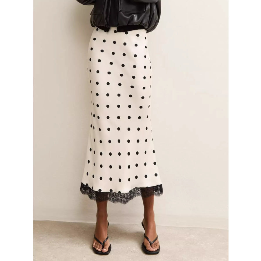 Polka Dot Midi Skirt with Lace Trim Apparel and Accessories