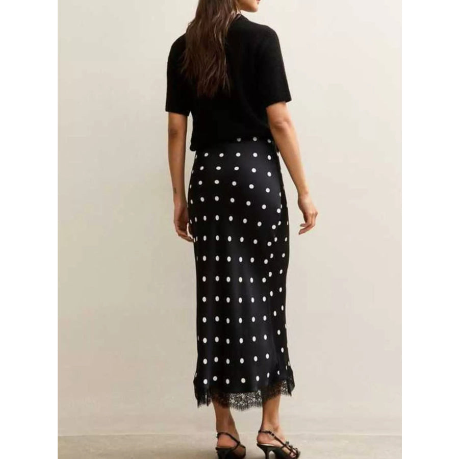 Polka Dot Midi Skirt with Lace Trim Apparel and Accessories