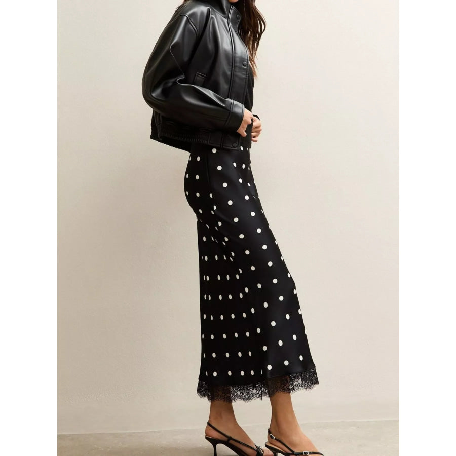 Polka Dot Midi Skirt with Lace Trim Apparel and Accessories