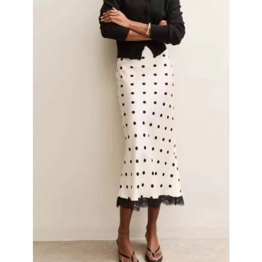 Polka Dot Midi Skirt with Lace Trim Apparel and Accessories