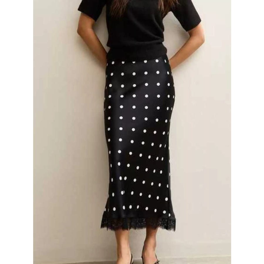 Polka Dot Midi Skirt with Lace Trim Black / S Apparel and Accessories