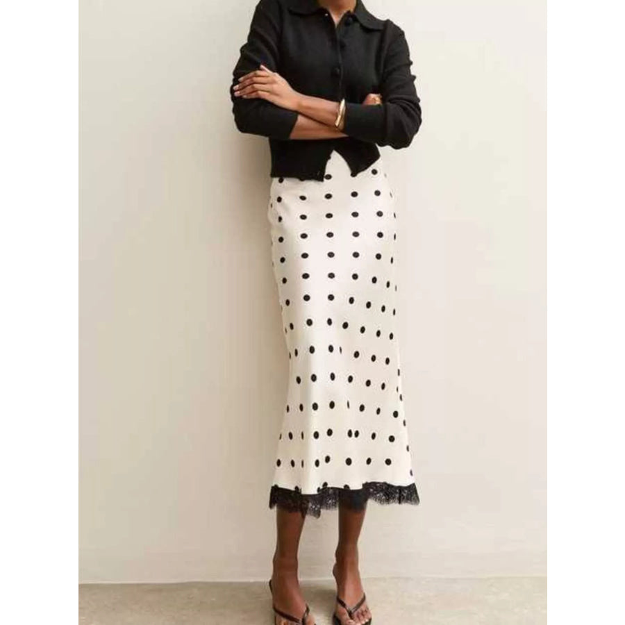 Polka Dot Midi Skirt with Lace Trim White / S Apparel and Accessories