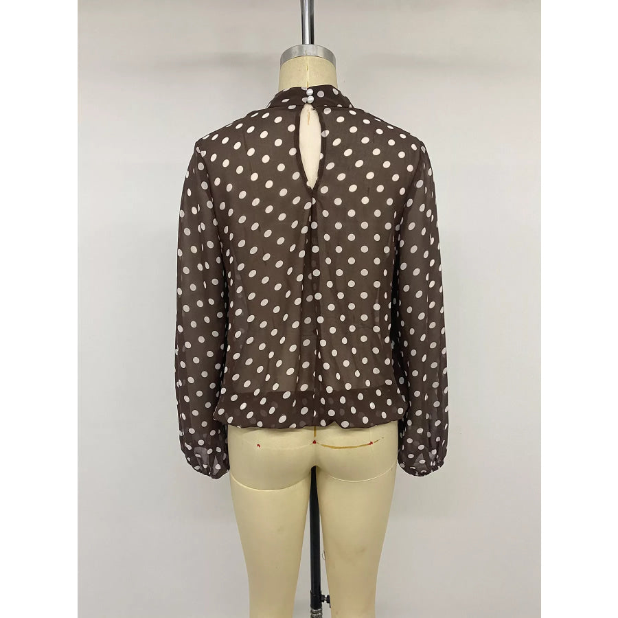 Polka Dot Mock Neck Long Sleeve Blouse Apparel and Accessories