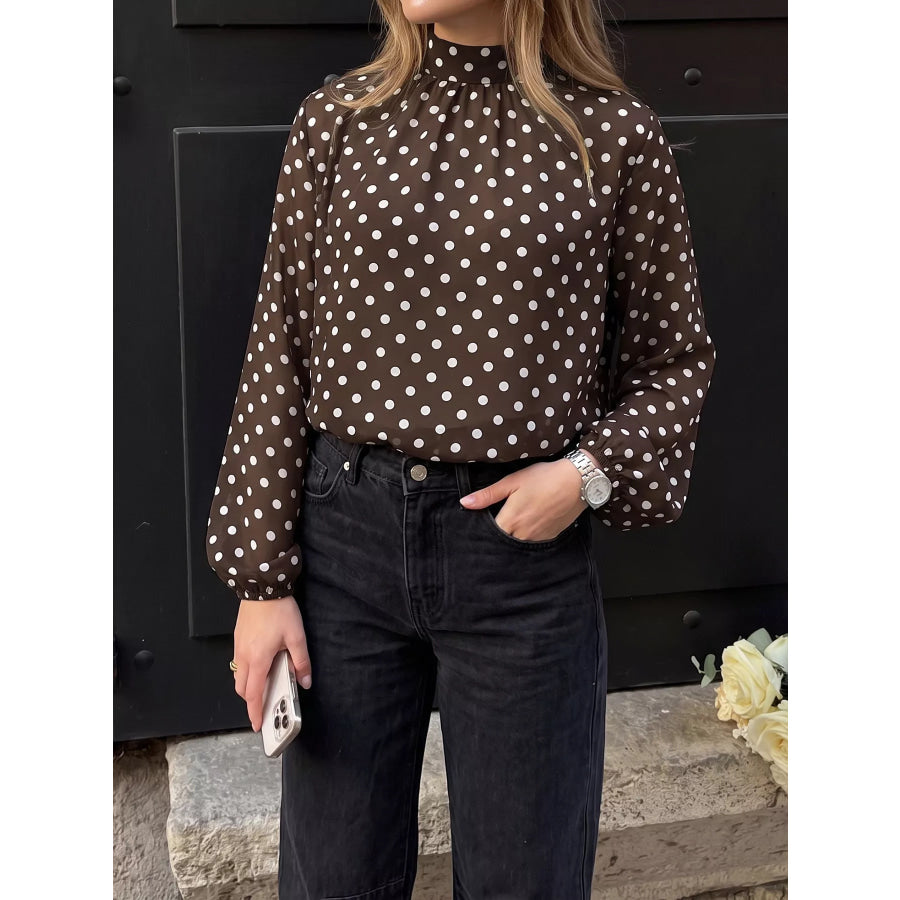 Polka Dot Mock Neck Long Sleeve Blouse Apparel and Accessories